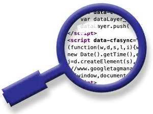 magnifying glass showing web developer code